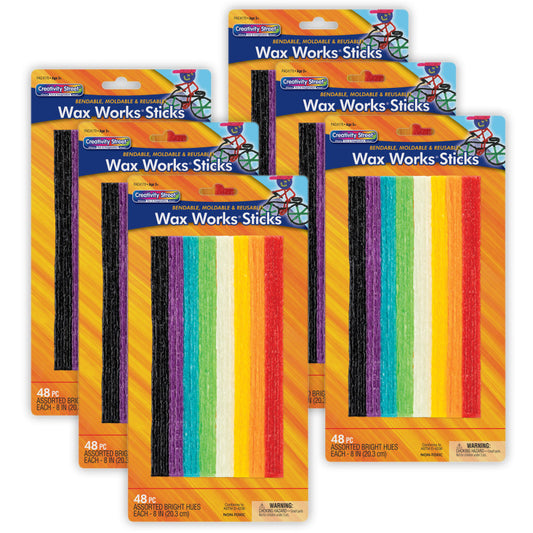 Wax Works® Sticks, Assorted Bright Hues, 8", 48 Per Pack, 6 Packs