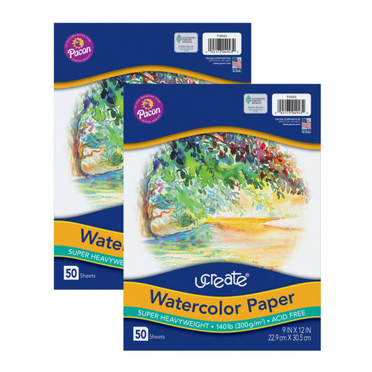 Watercolor Paper, White, Package, 140 lb., 9" x 12", 50 Sheets Per Pack, 2 Packs