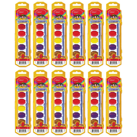 Washable Watercolors with Brush, Peggable Tray, 8 Colors Per Set, 12 Sets